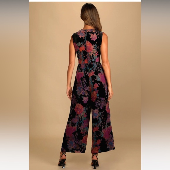 Moody Vibes Black Burnout Velvet Floral Print Wide-Leg Jumpsuit - Picture 2 of 2